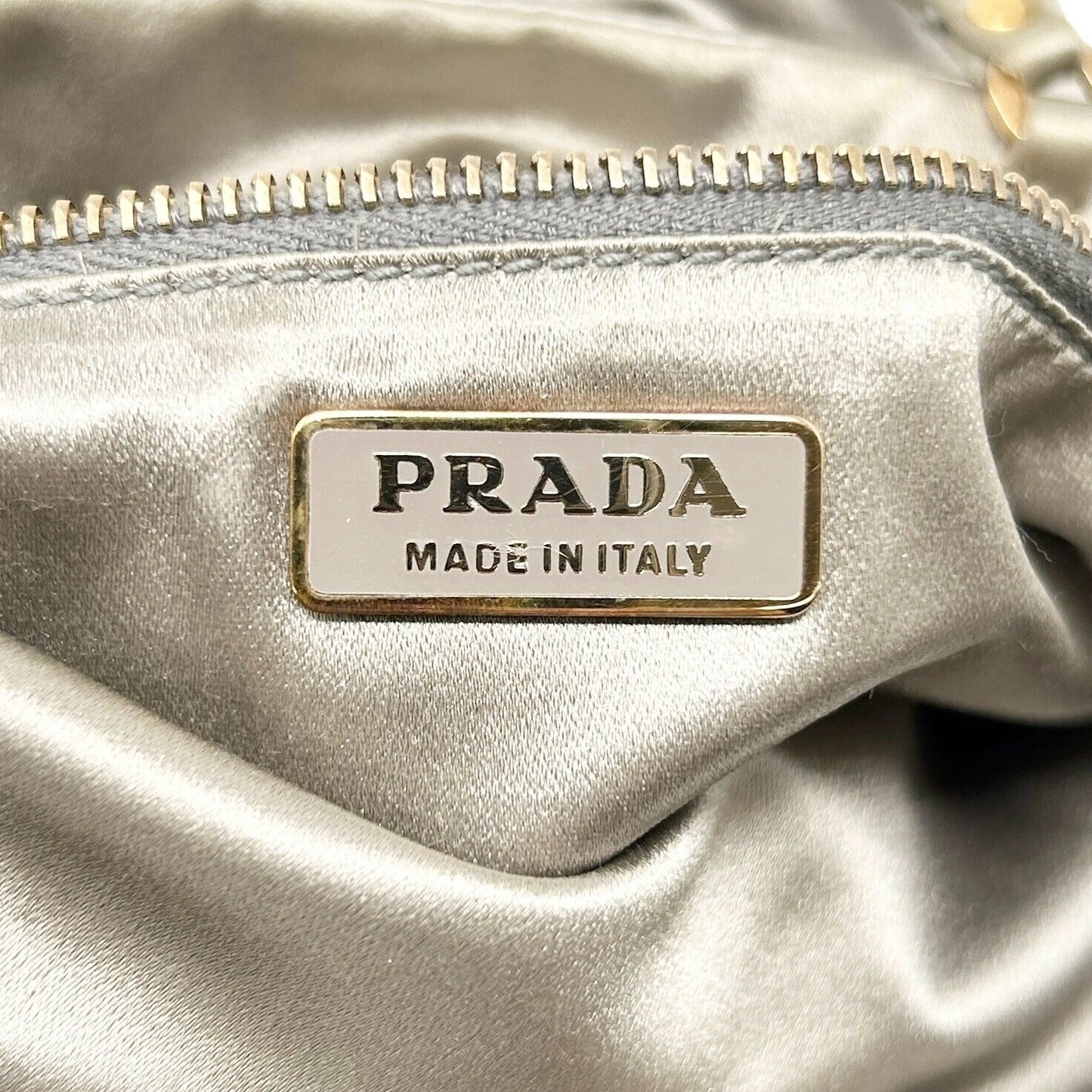PRADA Vintage Logo Mini Bag Pouch Pochette Silver Gold Satin Rank AB