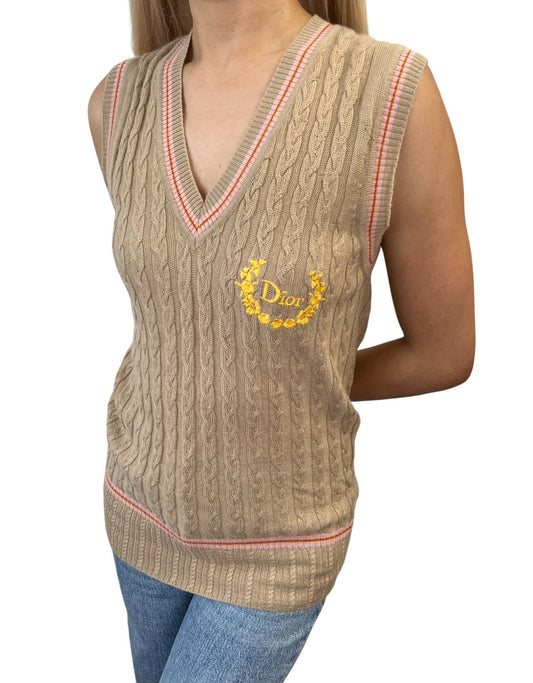 Christian Dior Vintage Logo Knit Top Vest Sweater #38 Sleeveless Beige 902083