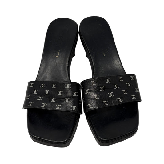 CHANEL Vintage CC Logo Open Toe Sandals Mule Heels #36 Black White Leather