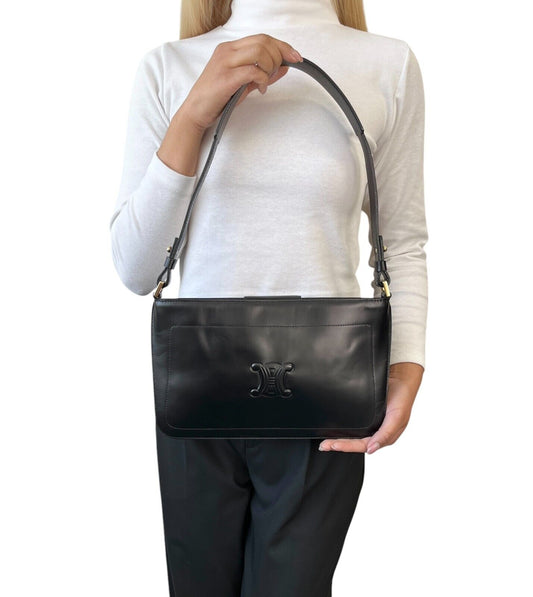 CELINE Vintage Macadam Logo Shoulder Bag Handbag Black Leather Gold Magnetic