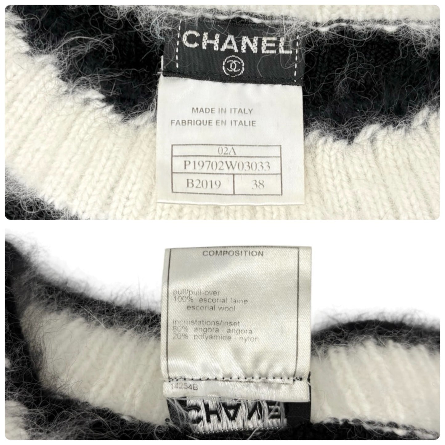 CHANEL Vintage 02A CC Logo Fur Knit Sweater Top #38 Black White Wool 901976