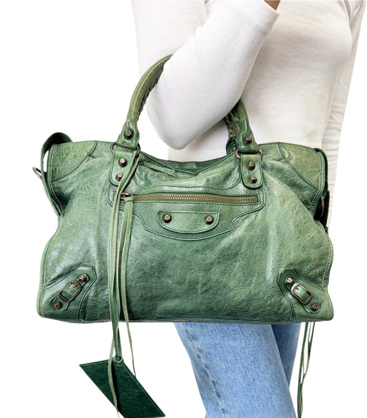 Balenciaga Vintage Classic City Mirror Tote Shoulder Leather Bag Green 902390