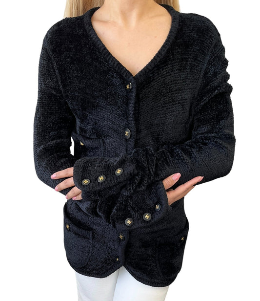 CHANEL Vintage 95A CC Logo Button Cardigan Sweater Top #38 Black Gold Velour