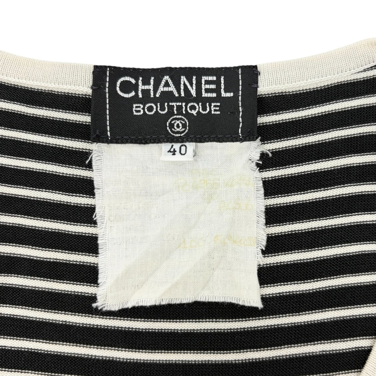 CHANEL Vintage CC Mark Logo Stripe T-shirt Top #40 Black White Cotton 106910