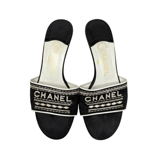 CHANEL Vintage CC Embroidery Logo Sandals Heels #36.5 Black White Canvas 902255