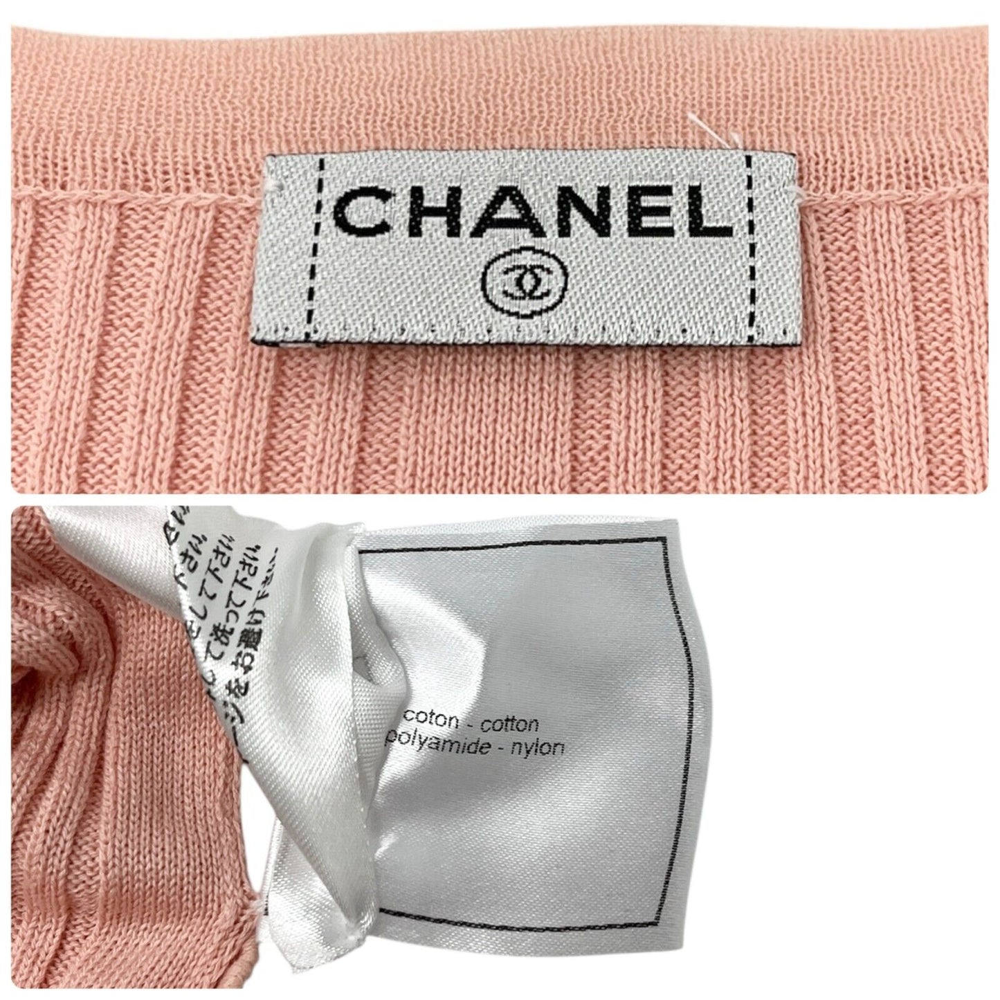 CHANEL Vintage 07P CC Mark Logo Rib Knit Top #S Pink Gold Cotton Button