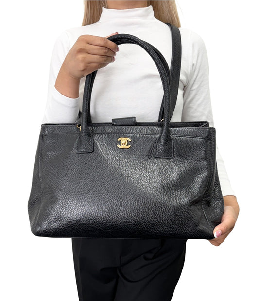 CHANEL Vintage CC Logo Executive 2way Tote Shoulder Bag Black Gold 902802