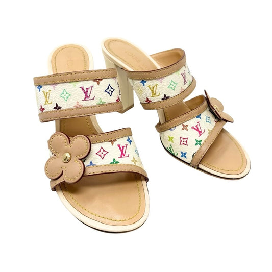 LOUIS VUITTON Vintage Monogram Multicolor Flower Sandals Heels #37 White 902030