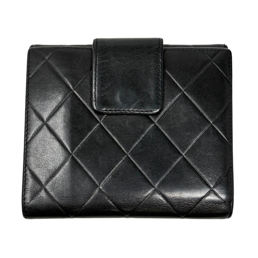 CHANEL Vintage Big Logo Quilted Wallet Leather Black Silver Purse 901816