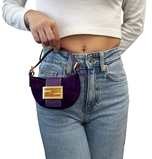 FENDI Vintage FF Logo Micro Croissant Suede Pochette Mini Bag Purple Glitter