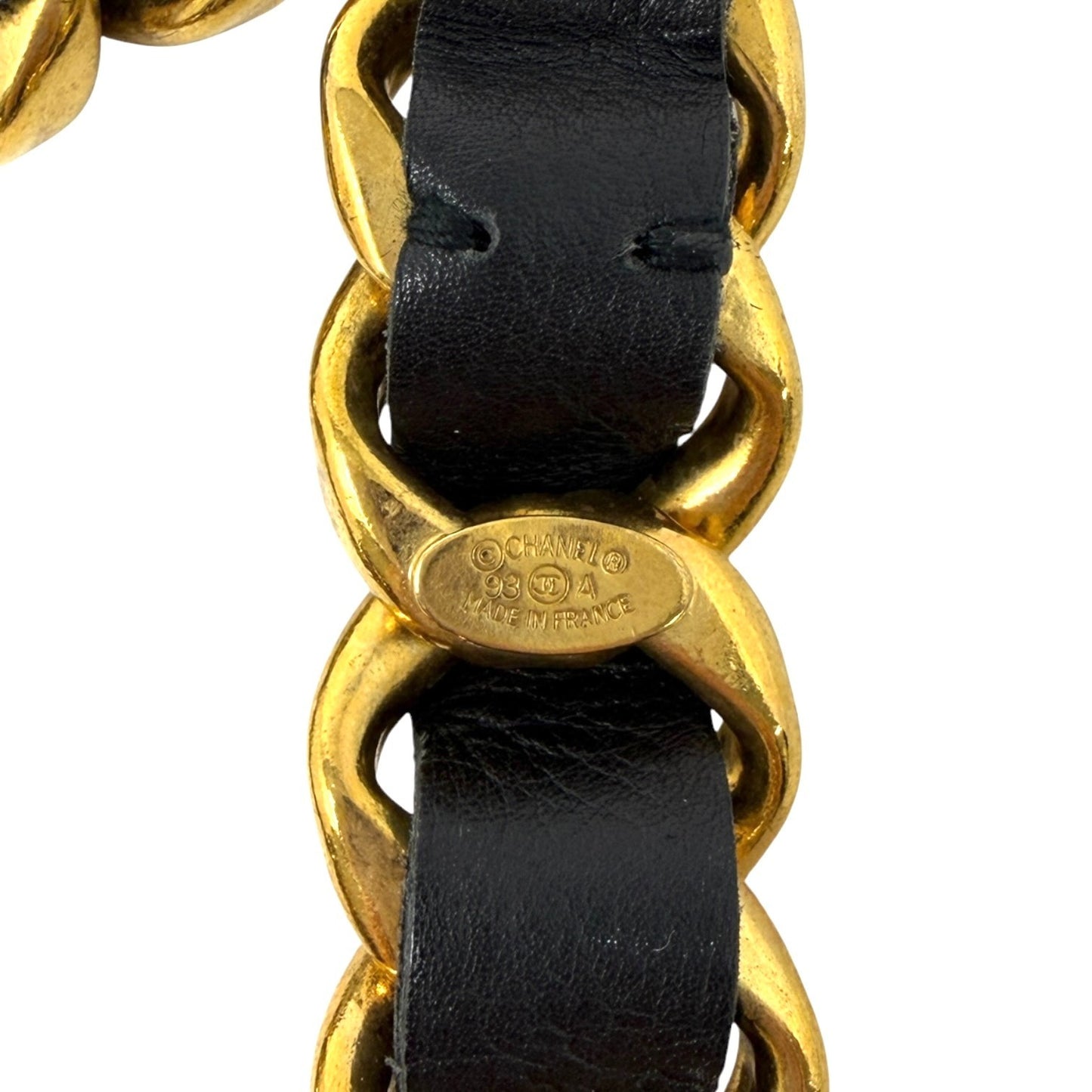 CHANEL Vintage 93A Double CC Logo Leather Chain Belt Black Gold Metal 902577