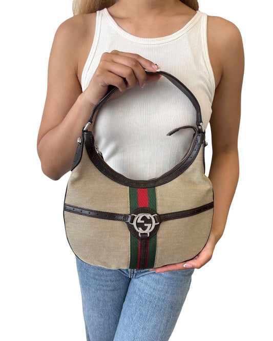 GUCCI Vintage Web Stripe Interlocking GG Logo Canvas Hobo Bag Beige 902206