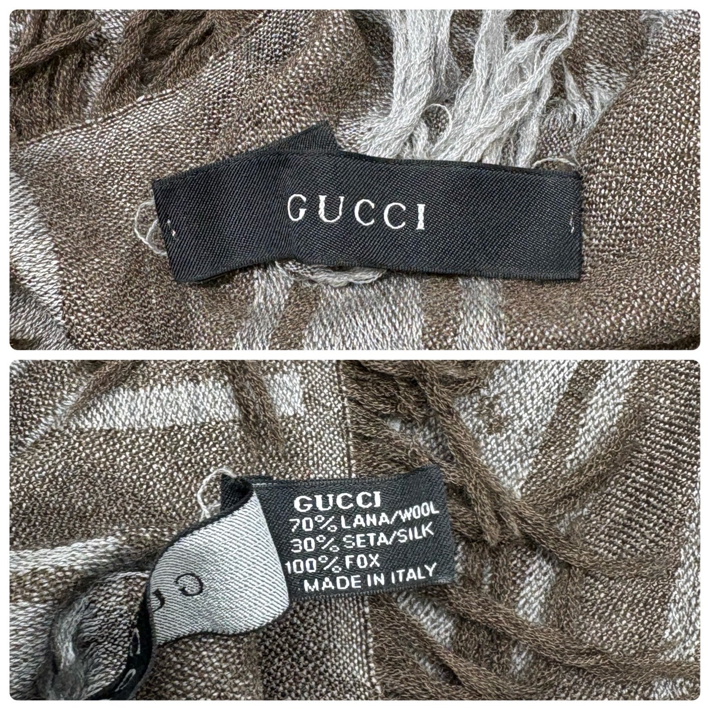GUCCI Vintage GG Logo Monogram Fox Fur Shawl Scarf Wrap Gray Brown Wool 902595
