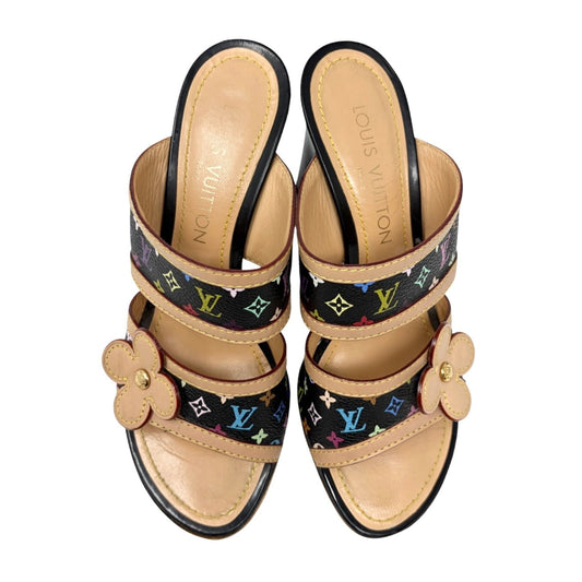 LOUIS VUITTON Vintage Monogram Multicolor Flower Sandals #36 Black Beige 901839