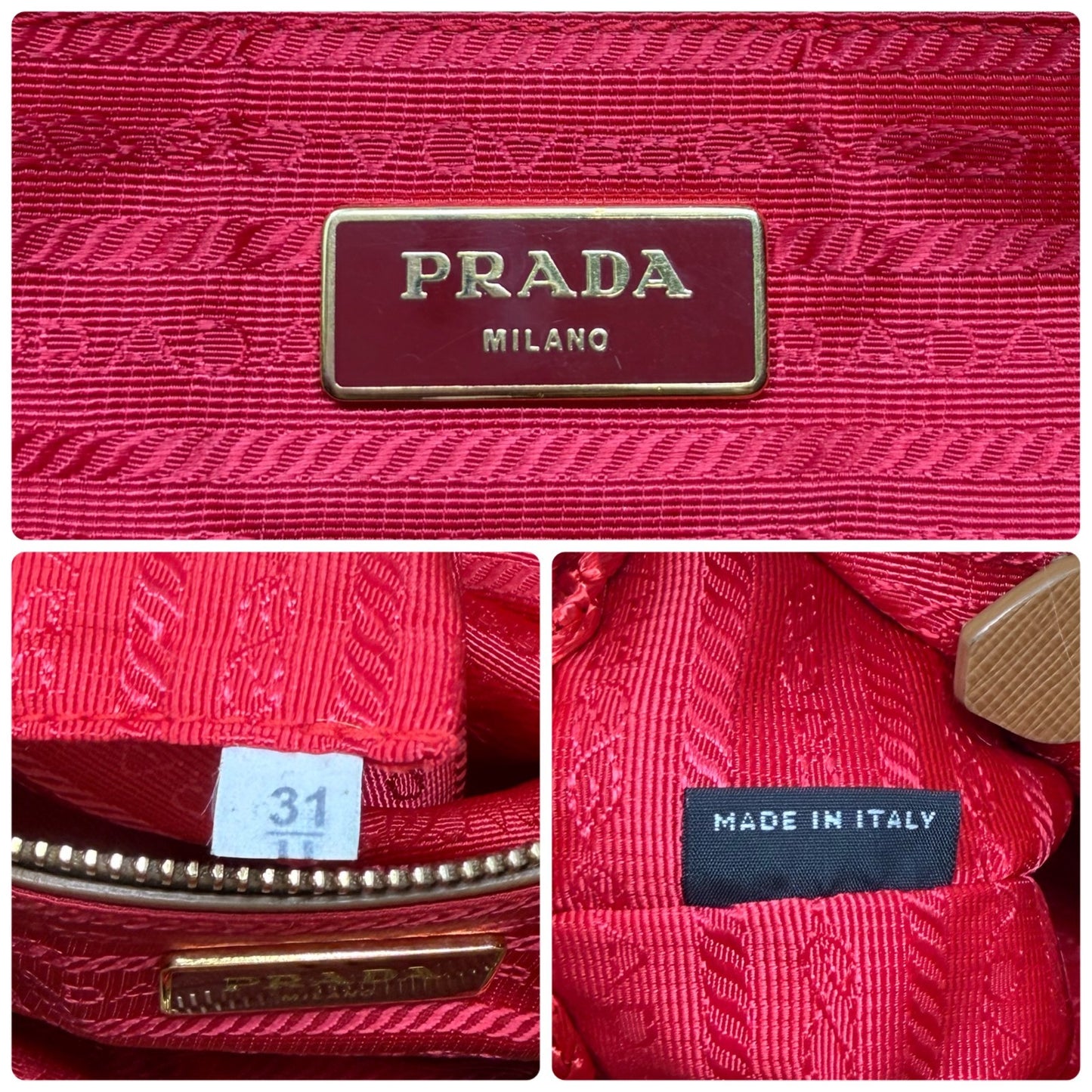 PRADA Vintage Triangle Logo Raffia Canapa Tote Bag Red Beige Gold Crochet 901970