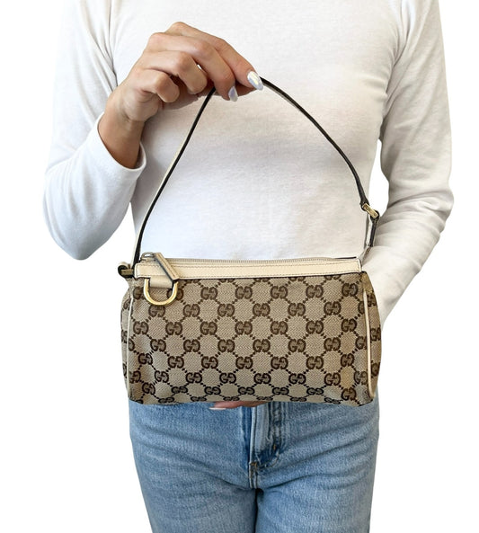 GUCCI Vintage GG Monogram Abbey Logo Mini Shoulder Bag White Brown Canvas