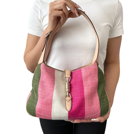 GUCCI Vintage Jackie Stripe Multicolor Shoulder Hobo Bag Handbag Beige Canvas