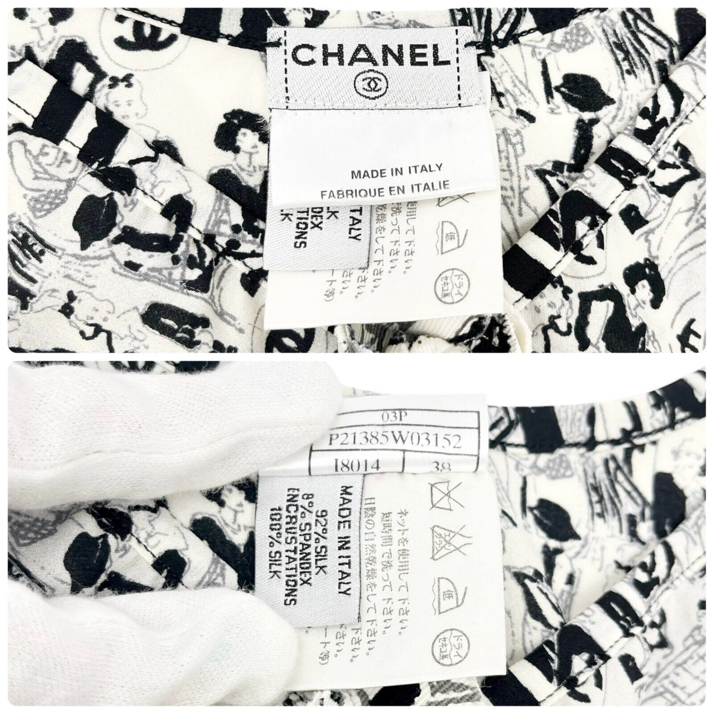 CHANEL Vintage 03P CC Logo Lace Tunic Top #38 Button Frill White Black Silk