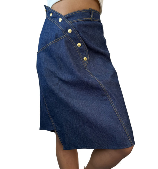 Christian Dior Vintage 2000 Asymmetry Denim Skirt #36 Blue Button Gold 901979