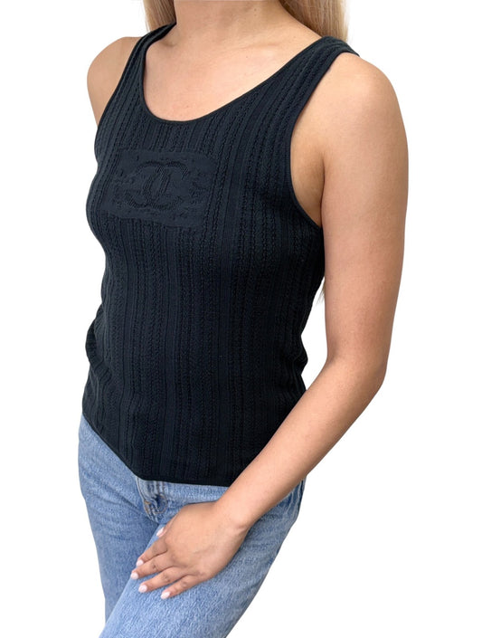 CHANEL Vintage 01P CC Logo Mesh Rib Knit Tank Top #38 Black Cotton 902425
