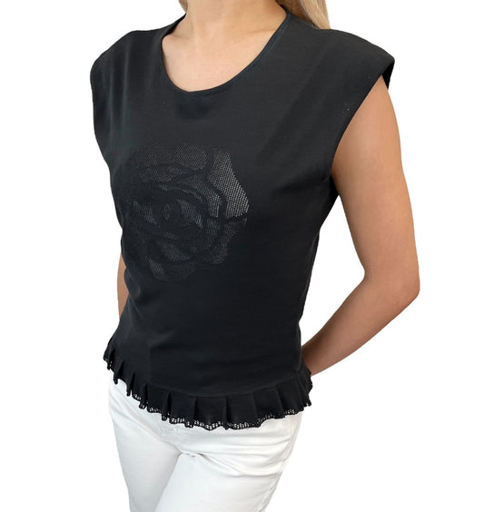 CHANEL Vintage 01P CC Camellia Logo Knit Sleeveless Top #38 Black Cotton Flower