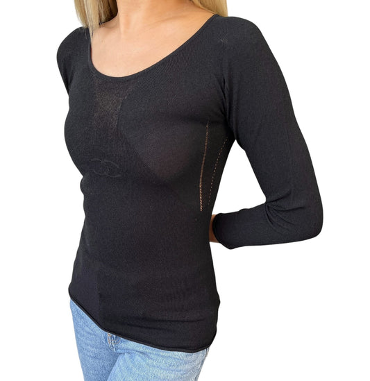 CHANEL Vintage 02C CC Mark Logo Long Sleeve Knit Top #36 Black Rayon