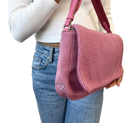 PRADA Vintage Logo Knit Shoulder Bag Pink Silver Cotton Nylon Zip