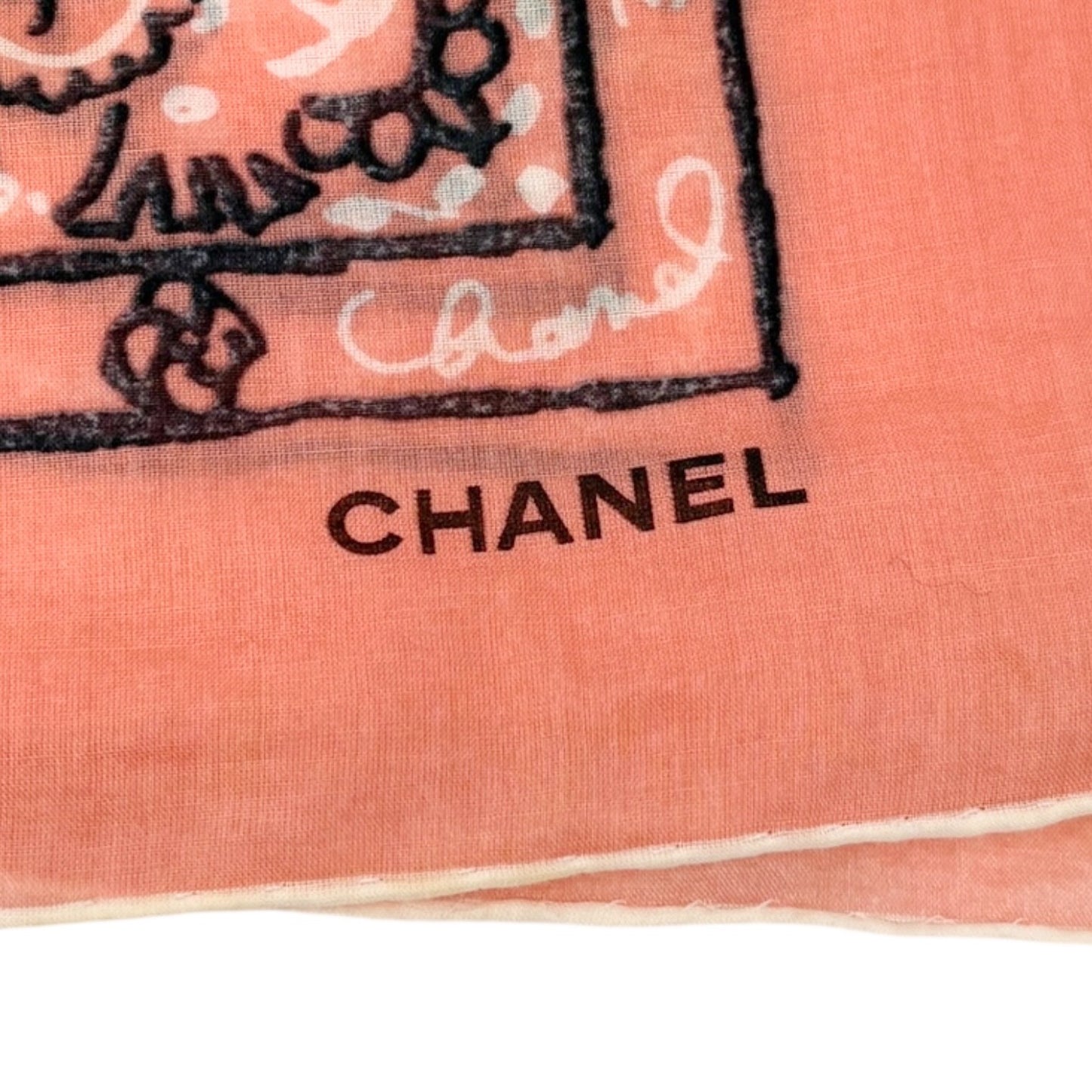 CHANEL Vintage CC Logo Paisely Print Scarf Salmon Pink Black Cotton 901810