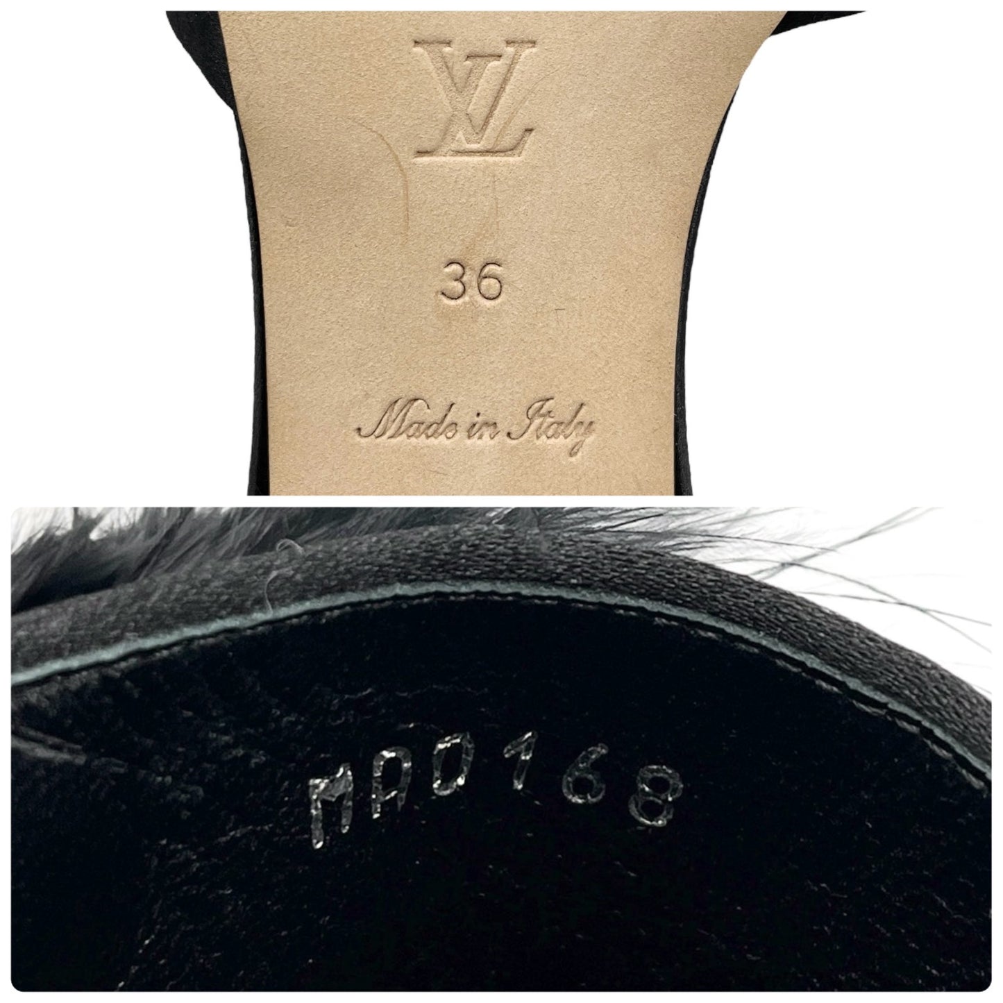 LOUIS VUITTON LV Bijou Logo Fur Flat Sandals #36 Rhinestone Black Gold Satin