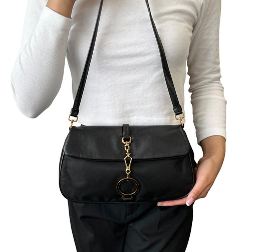 PRADA Vintage Triangle Logo Tessuto Nylon Shoulder Bag Black Leather 901925