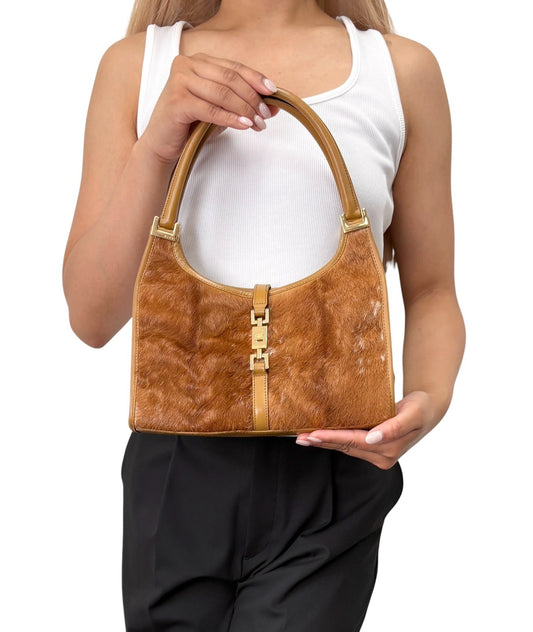 GUCCI Vintage Logo Jackie Pony Calf Hair Shoulder Bag Brown Gold 901855