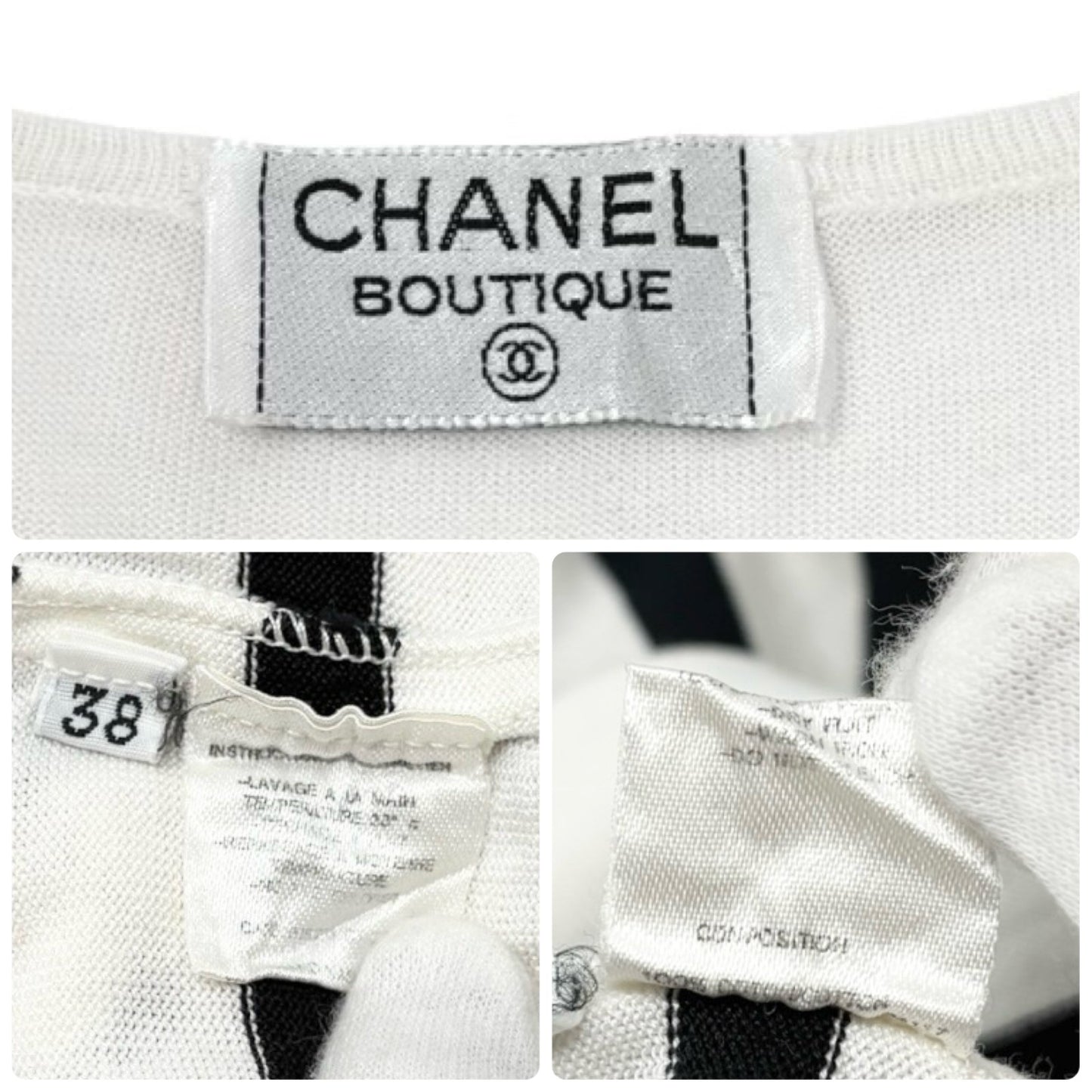 CHANEL Vintage CC Logo Strip T-shirt Top #38 White Black Cotton Short Sleeve