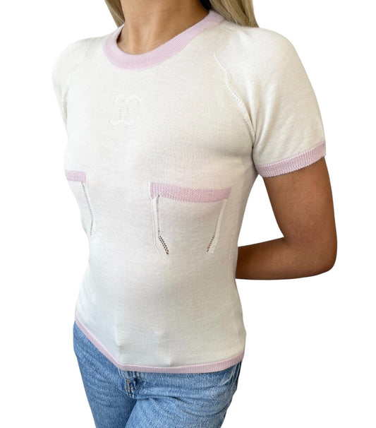 CHANEL Vintage 04C CC Logo Knit Top T-shirt #38 Pocket Cream Pink Cashmere
