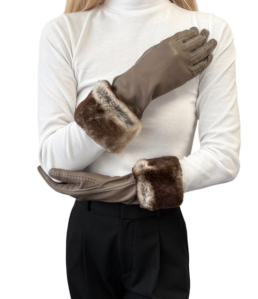CHANEL Vintage CC Logo Lambskin Long Gloves Fur Trim #7.5 Gray Beige Perforated