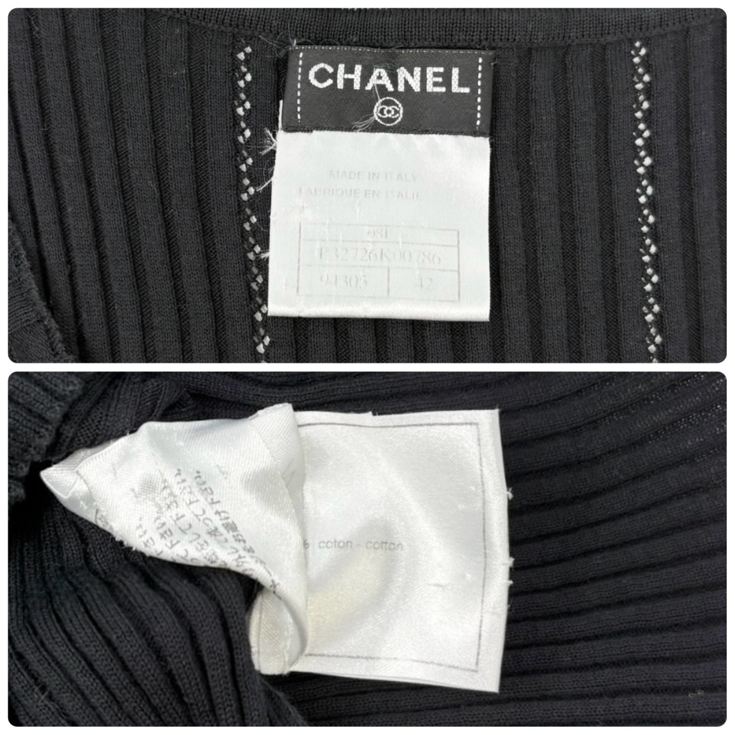 CHANEL Vintage 08P CC Logo Button Ribbed Knit Tank Top #42 Black Silver Cotton