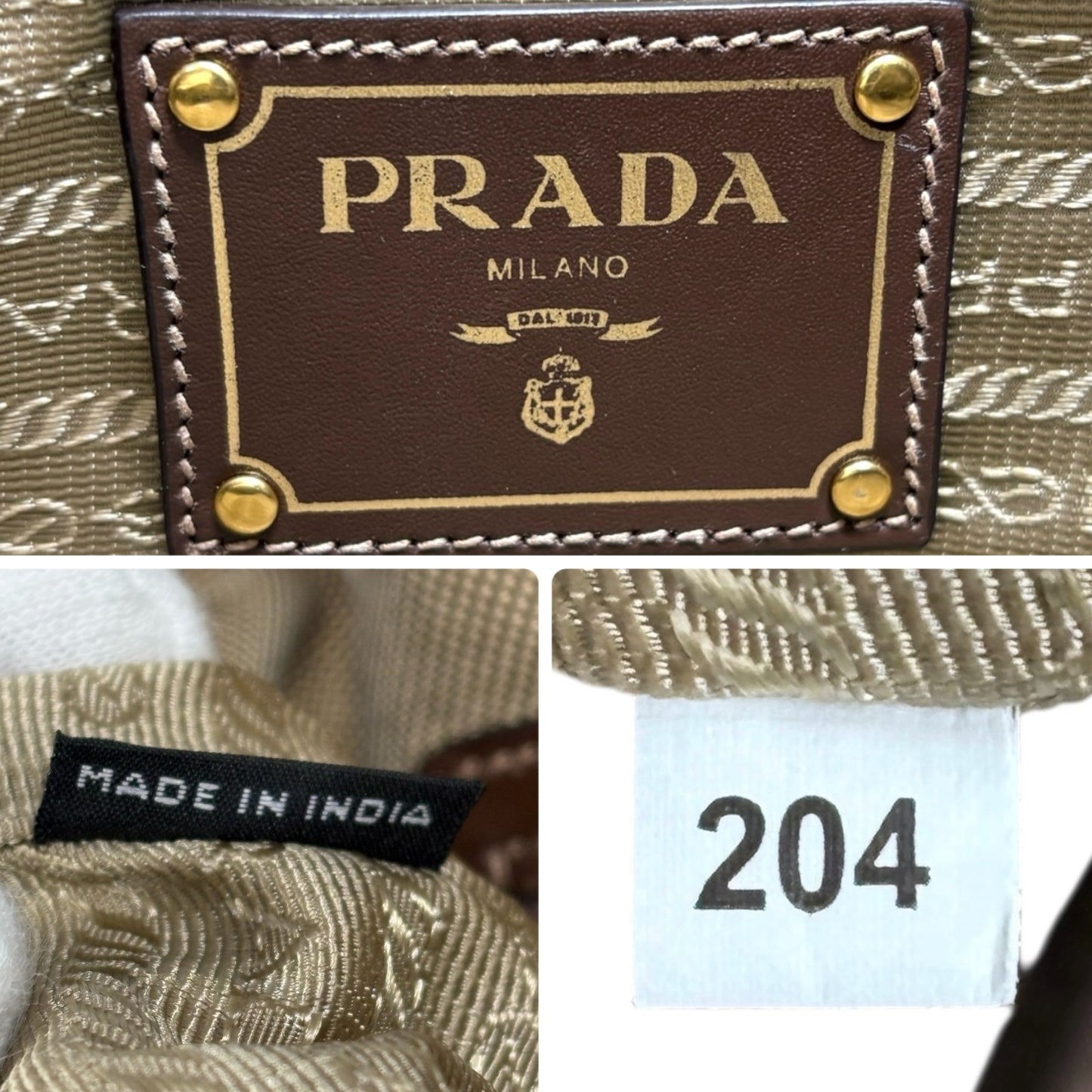 PRADA Vintage Triangle Logo Jacquard Canvas Tote Bag Handbag Khaki Dark Brown