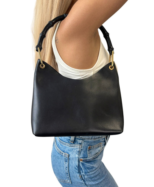 Gucci Vintage Bamboo Leather Top Handle Hobo Shoulder Bag Black Gold 902541