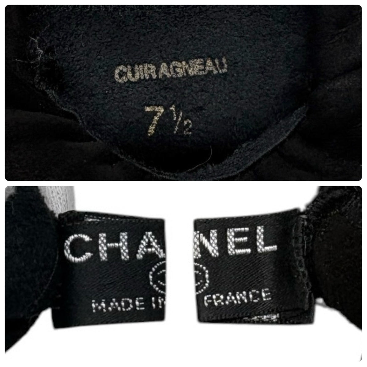 CHANEL Vintage CC Logo Fur Gloves Mittens #7.5 Black White Suede 902358