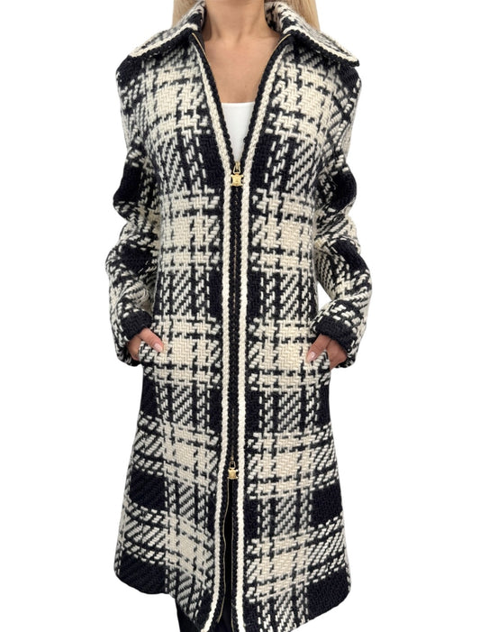 CELINE Vintage Tweed Long Jacket Coat #40 Wool Cashmere White Black