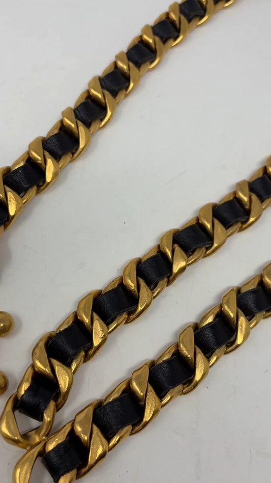 CHANEL Vintage 94P CC Mark Logo Chain Belt Gold Black Metal Leather