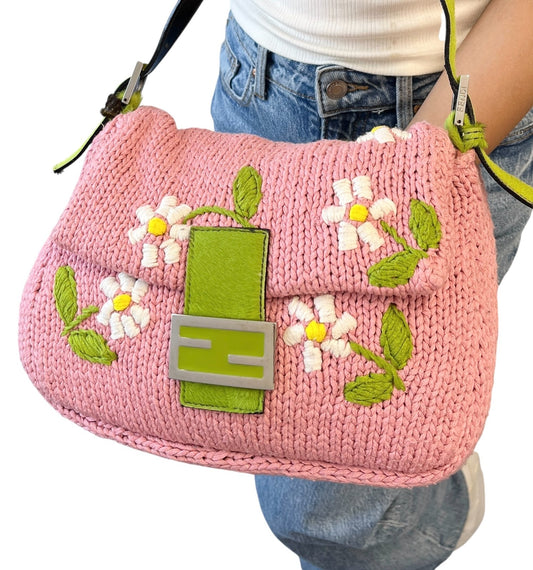 FENDI Vintage Mamma Baguette Crochet Shoulder Bag Flower Pink Wool 901957