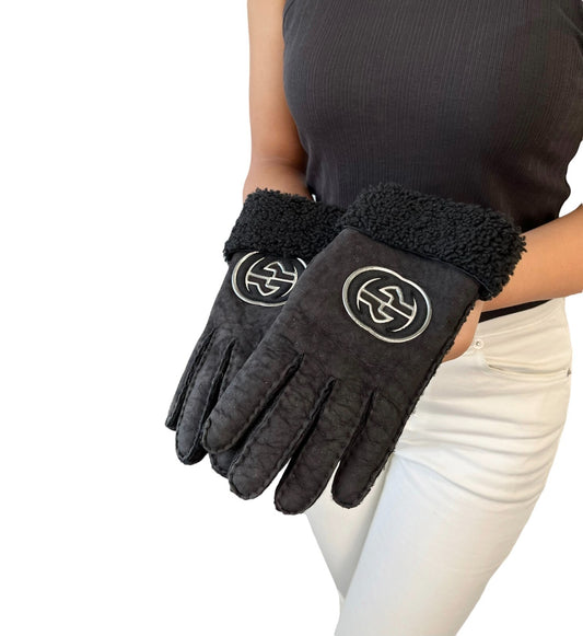 GUCCI Vintage GG Interlocking Logo Gloves #7.5 Black Silver Leather RankAB