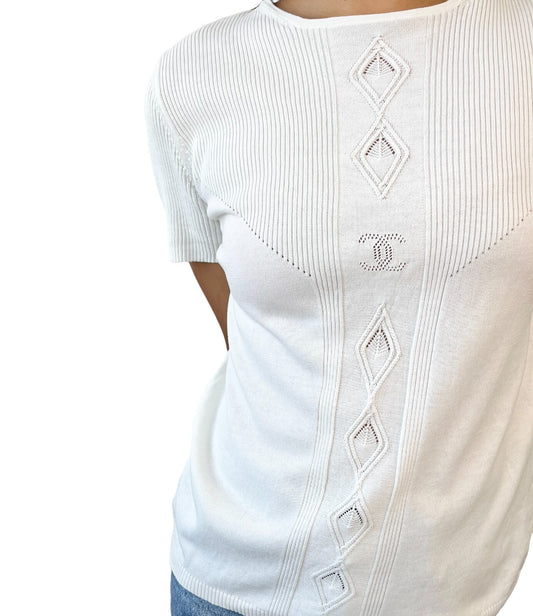 CHANEL Vintage 05P CC Logo Ribbed Knit Top #34 Short Sleeve White Cotton