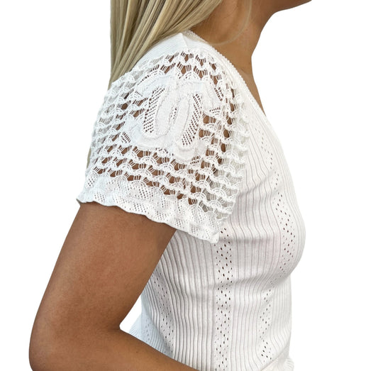CHANEL Vintage 05C CC Logo Rib Lace T-shirt Top White Cotton Pockets 106999