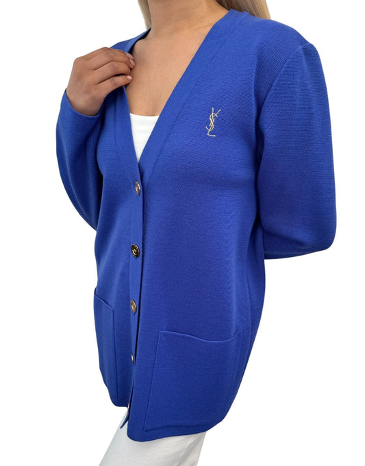 Yves Saint Laurent Vintage YSL Logo Cardigan Top Sweater #M Button Blue