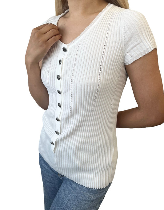 CHANEL Vintage 08P CC Mark Logo Rib Knit T-shirt Top #38 White Gray Cotton
