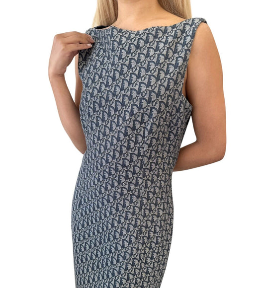 Christian Dior Vintage 2000 Trotter Monogram Logo Dress #38 Blue Gray Cotton
