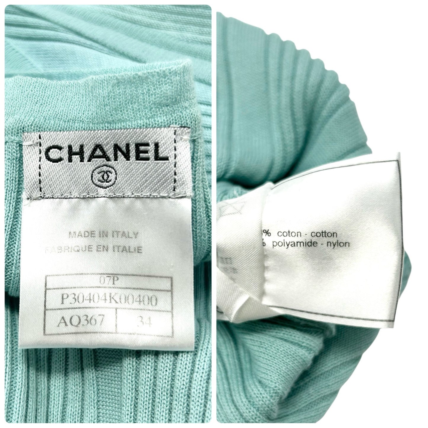 CHANEL Vintage 07P CC Mark Logo Rib Knit Tank Top #34 Turquoise Blue Cotton