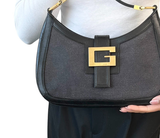 GUCCI Vintage G Square Logo Shoulder Bag Magnet Black Gold Cotton Leather