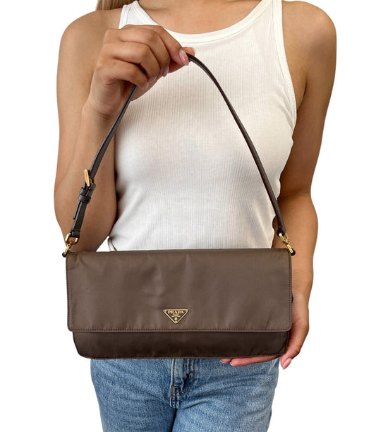 PRADA Vintage Triangle Logo Tessuto Shoulder Bag Khaki Gold Nylon 106543